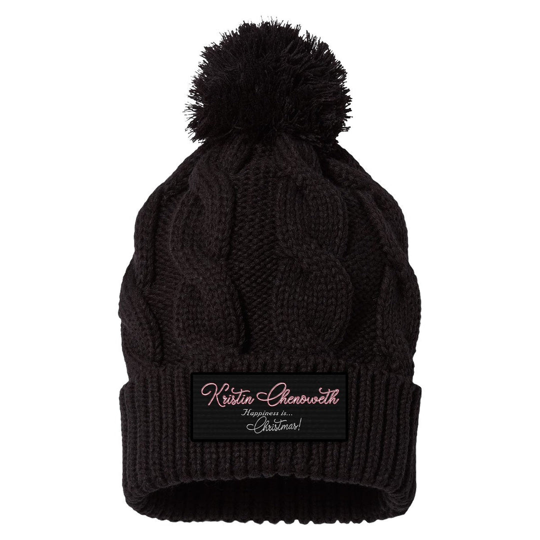 "HAPPINESS is...Christmas!" Black Patch Pom Beanie